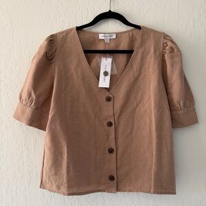 NWT Amour Vert Women's Tan Puff Sleeve Button-Up Top